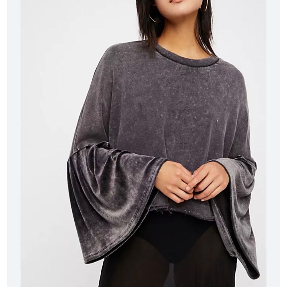 Free People Sweater Glorious Medium Black Gray Velvet Bell Sleeve Pullover top